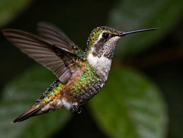 Close-up of a colorful hummingbird in Ecuador, sharp eye, water droplets on feathers, dark green background.