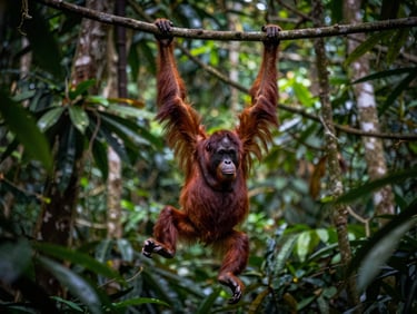 An orangutan hanging from a thick vine in the deep jungle of Borneo, dramatic natural light filtering through the canopy.