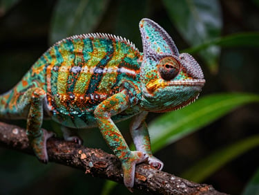 A colorful panther chameleon on a branch in Madagascar, sharp macro focus on its eye and textured skin.