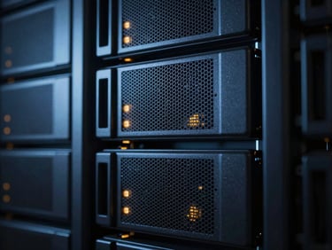 Extreme close-up of custom-cooled server racks, sharp blue and amber accent lighting, high-contrast shadows, dark cinematic sci-fi photography