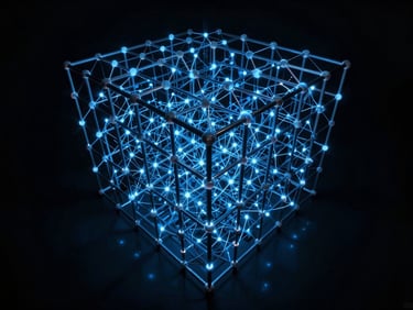 Wide shot of a quantum lattice structure, glowing with sharp blue light, dark background, brutalist sci-fi style, high-contrast shadows