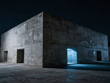 Imposing brutalist concrete command bunker exterior, low-key lighting, cool blue accents, wide perspective