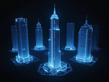 Blueprints of multi-dimensional architecture, holographic projection, sharp blue light, dark cinematic sci-fi photography