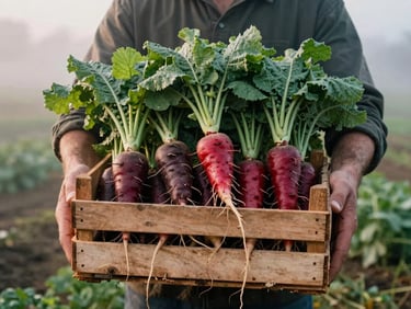 Hands holding a wooden crate of freshly harvested root vegetables on a misty farm morning, soft low-contrast lighting, rustic textures, 35mm film look.