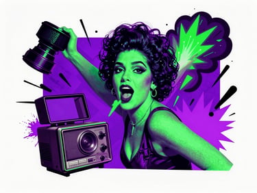 Colagem digital vibrante de uma claquete de cinema quebrada com faíscas de neon verde e roxo, sobre um fundo de explosão e fumaça, alto contraste, estilo pop art, 35mm, ângulo dinâmico.