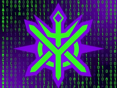 Colagem digital vibrante de um símbolo Illuminati estilizado com neon roxo e verde, sobre um fundo de códigos binários e glitche, alto contraste, estilo pop art, 35mm, perspectiva distorcida.