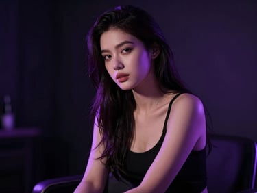 Beautiful woman sitting in a moody, high-contrast studio setting with violet rim lighting, 85mm