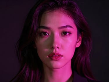 Cinematic close-up of a beautiful model illuminated by sharp magenta neon rim light, 85mm