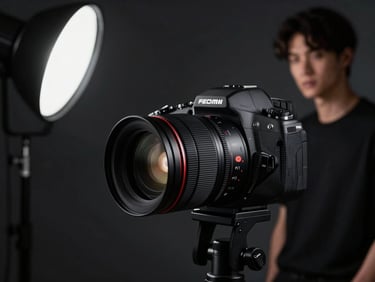 Sleek production setup with high-contrast studio lighting and a model in the background, 85mm