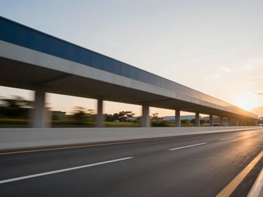 Modern highway in Brazil with soft motion blur, sunset lighting, clean architectural lines