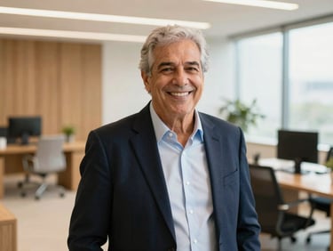 An active elderly Brazilian professional smiling in a bright modern office, warm lighting, professional setting