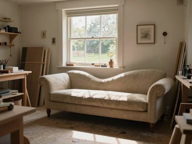 A wide environmental shot of a quiet Buckinghamshire workshop. Soft daylight streams from a single window onto a partially upholstered chaise longue.