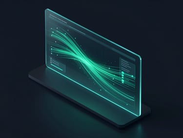 Digital render of a secure enterprise portal dashboard with glowing data streams, dark background, emerald and cyan accents, isometric perspective.