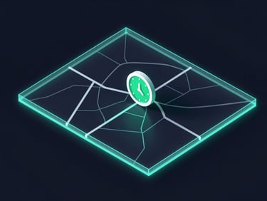 Abstract schematic diagram showing a digital map overlay with geo-fencing boundaries and a clock icon, glowing electric cyan lines on a dark navy background, clean geometric glassmorphism.