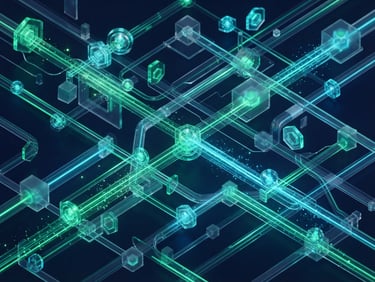 Sleek 3D digital render of flowing data streams and glowing emerald and cyan token nodes on a dark navy background, clean geometric glassmorphism, isometric perspective, representing programmable digital money moving through a secure network.