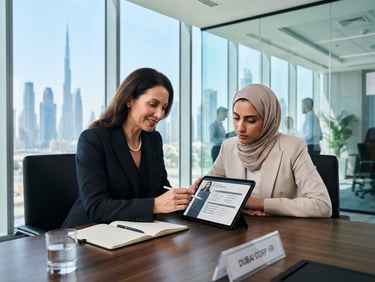A clean, modern corporate office in Dubai, HR directors reviewing candidate files on a tablet, bright natural daylight, professional corporate photography.