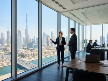 A professional corporate office setting in Dubai with floor-to-ceiling windows overlooking the skyline, bright natural daylight, clean high-contrast tones, editorial depth of field.
