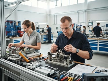 Skilled technicians undergoing trade testing in a bright, modern facility, focused on precise engineering work, bright natural daylight, editorial depth of field.