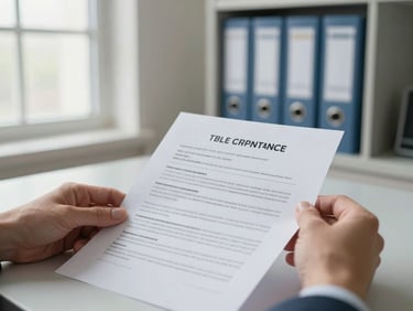 Close-up of hands reviewing a printed compliance document on a well-lit desk, a filing cabinet with labeled folders visible in the background, natural window light from the left, institutional office setting, crisp and orderly