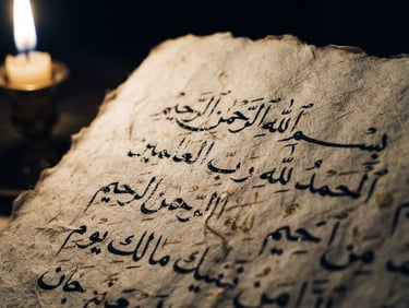 An extreme macro shot of an ancient Arabic manuscript, black ink drying on thick textured cream paper, soft candlelight casting long shadows, mystical and scholarly atmosphere, 35mm photography