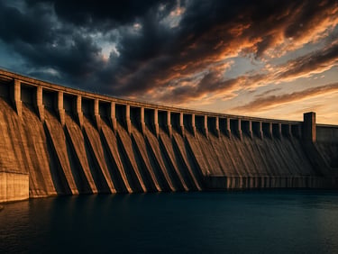 Wide-angle panoramic shot of a massive concrete hydroelectric dam at golden hour, deep steel blue water, dramatic sky, high-contrast architectural geometry, 35mm.
