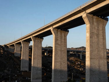 Extreme wide-angle shot of a massive concrete highway bridge curving over a deep valley, golden hour light highlighting steel supports, 35mm.