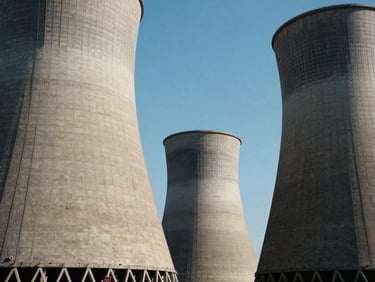 Low-angle dramatic shot of monumental concrete cooling towers of a nuclear power plant, high-contrast natural daylight, raw textures, 35mm.