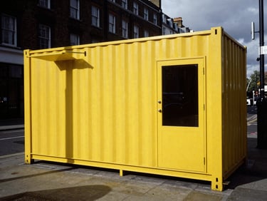 High-contrast street-level activation with a bold yellow container pop-up shop in London, high-contrast shadows, 35mm film grain