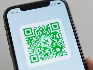 Macro view of a phone screen scanning a glowing QR code, sharp focus on the camera lens, electric green accents