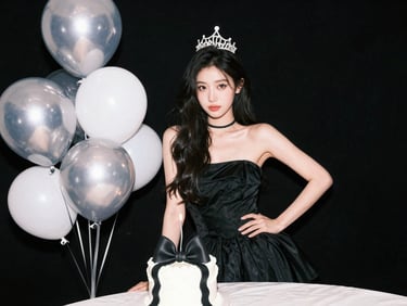 Aesthetic birthday girl in a chic black dress posing with a designer cake and shimmering silver balloons, high-contrast flash, rich black and white accents