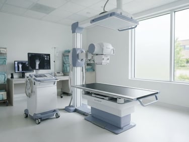 A high-resolution digital X-ray imaging system in a pristine, sterile room, bright diffused natural daylight, soft slate blue accents, clean white surfaces, sharp focus, 35mm