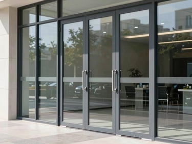 Sleek automatic glass sliding door in a modern office building entrance, bright natural daylight, architectural detail, sharp focus