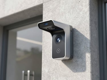 Close-up of a sophisticated facial recognition scanner mounted on a clean concrete wall at an office entrance, soft daylight