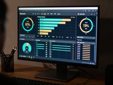 Wide shot of a dark monitor displaying a sports analytics prediction dashboard with probability bars, win-percentage gauges, and match timeline in neon cyan and gold on near-black, screen glow casting on surrounding dark desk, late-night focus atmosphere, documentary framing