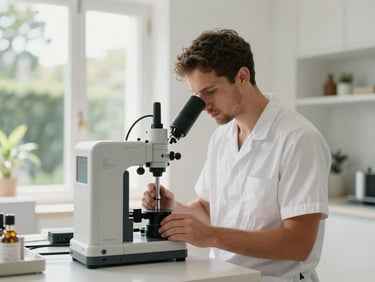 A professional technician in a clean, minimalist white uniform using precise, modern detection equipment inside a bright, high-end residential interior in Caminho das Árvores, soft natural daylight.