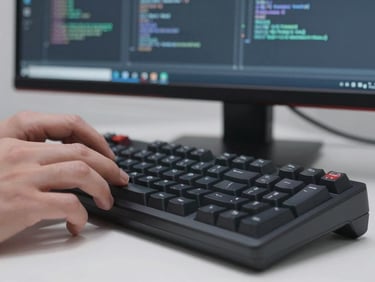 Close-up of a developer's hands on a mechanical keyboard, lines of code visible on a high-resolution monitor behind, cool white studio lighting, shallow depth of field emphasizing the hands and keys