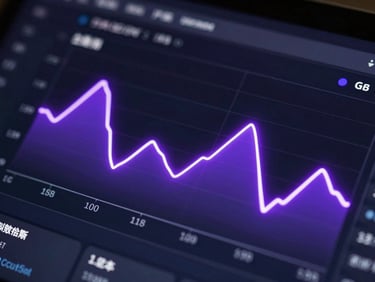 Extreme close-up of a dark-mode analytics dashboard interface, glowing neon violet line graphs, crisp monospace typography, sharp luminescent edge lighting, high-contrast UI details.