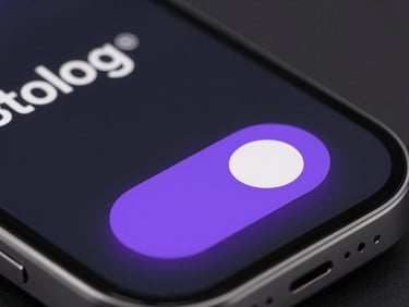 Tight macro shot of a mobile app UI, sleek dark-mode interface with violet toggle switches, smooth rounded buttons with sharp edge highlights, high-contrast typography.