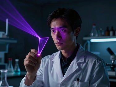 Dramatic high-contrast portrait of a scientist in a dark laboratory, subtle violet laser light refracting through a prism, cinematic editorial, 35mm
