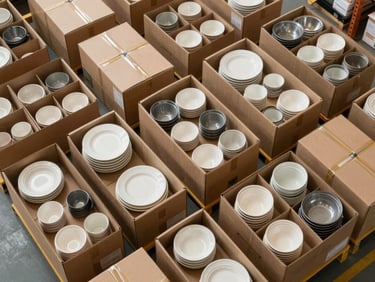 Overhead shot of household goods and kitchenware packed in organized boxes on a warehouse floor, bright even lighting, shipment-ready arrangement