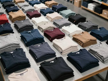 Wide overhead shot of neatly folded apparel items arranged in organized rows on a warehouse packing table, bright consistent studio lighting, quality-control focus