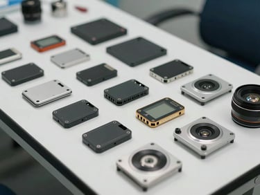 Close-up of consumer electronics components laid out on a white inspection table under bright daylight, organized and precisely arranged for quality review
