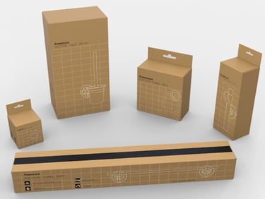 Collection of PowerLock suction bathroom accessories in brown cardboard packaging boxes.