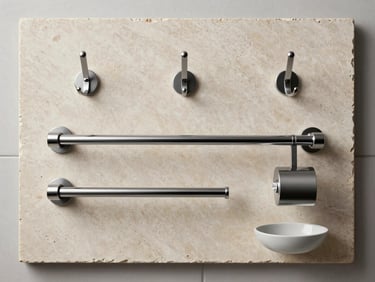 Flat-lay product arrangement of premium bathroom accessories — robe hook, towel bar, toilet roll holder, soap dish — on a large pale stone slab, soft diffused overhead studio lighting, chrome and matte-black finishes, architectural composition, no text or props