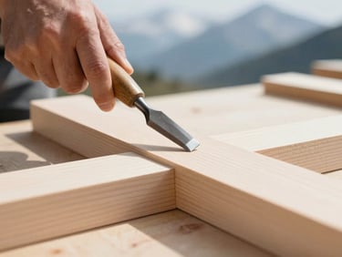 Close-up of a carpenter's hand using a chisel on clean wood, sharp focus, organized workspace, bright daylight