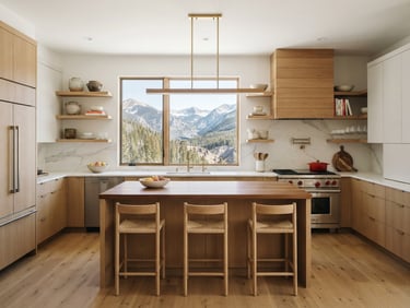 Straight-on architectural photo of a modern kitchen remodel, warm timber accents, natural mountain daylight, crisp focus, 35mm lens