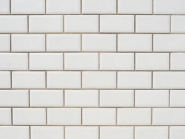 Close-up of perfectly aligned white subway tile with dark grout, clean lines, natural side light, sharp focus