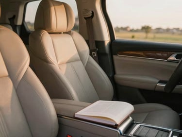 Interior details of a luxury clean MPV, soft leather seats, warm golden-hour light filtering through the window, elegant travel journal aesthetic
