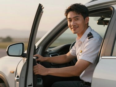 A close-up of a professional driver in a clean uniform holding open a car door, welcoming travelers with a warm smile, soft natural lighting
