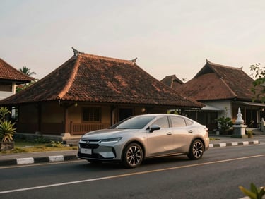 A modern premium car driving along a quiet road lined with traditional Javanese architecture in Yogyakarta, soft morning light